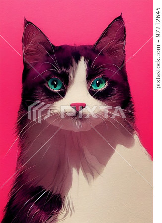 Funny adorable portrait headshot of cute kitten. American Curl cat breed kitty, standing facing front. Looking curious towards camera. Watercolor art illustration. Vertical artistic poster. 97212645