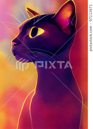 Funny adorable portrait headshot of cute kitten. Black cat with bright eyes, kitty standing facing front. Looking curious towards camera. Watercolor art illustration. Vertical artistic poster. 97212671