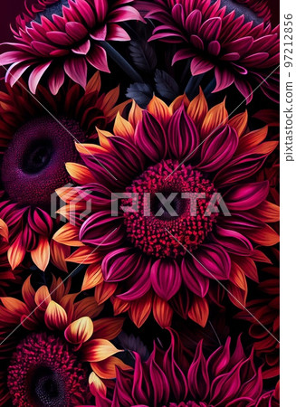 Floral magenta sunflower abstract background. Decorative flower plant leaves, fuchsia pink texture. Vertical floral magenta sunflower botanical abstract pattern. Floral magenta sunflower abstract background. Decorative flower plant leaves, fuchsia pink texture. Vertical floral magenta sunflower botanical abstract pattern. 97212856