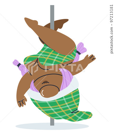 Dark-skinned female dwarf hangs on a pylon. A little girl in a bathing suit is dancing. Fairy tale character. Vector illustration Dark-skinned female dwarf hangs on a pylon. A little girl in a bathing suit is dancing. Fairy tale character. Vector illustration 97213181