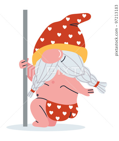 The gnome is dancing at the pole. Dwarf in shorts. Bearded fairy tale character. Vector illustration The gnome is dancing at the pole. Dwarf in shorts. Bearded fairy tale character. Vector illustration 97213183