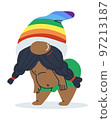Black hot man with a beard. Dwarf in shorts and a rainbow hat. Fairy tale character. Vector illustration 97213187