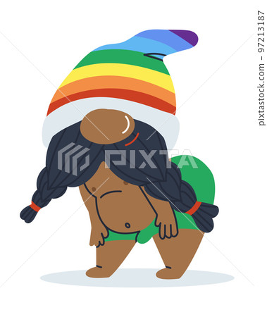 Black hot man with a beard. Dwarf in shorts and a rainbow hat. Fairy tale character. Vector illustration Black hot man with a beard. Dwarf in shorts and a rainbow hat. Fairy tale character. Vector illustration 97213187