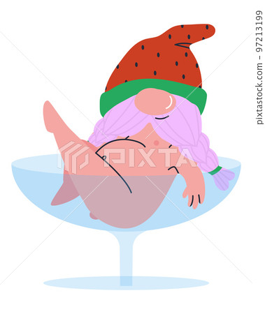 Pot-bellied dwarf in a glass goblet. Naked gnome. Fairy tale character. Vector illustration Pot-bellied dwarf in a glass goblet. Naked gnome. Fairy tale character. Vector illustration 97213199