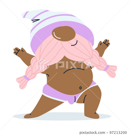 Hot African-American gnome. Dwarf in shorts. Pink beard. Fairy tale character. Vector illustration Hot African-American gnome. Dwarf in shorts. Pink beard. Fairy tale character. Vector illustration 97213200