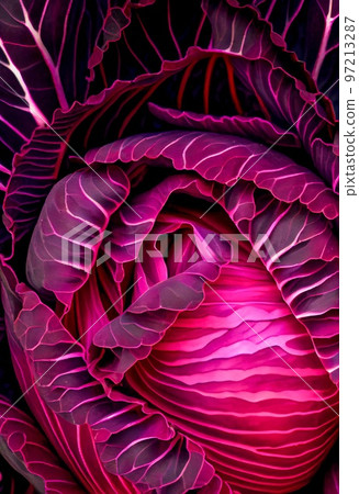 Floral magenta cabbage abstract background. Decorative vegetable fruit and leaves, fuchsia pink texture. Vertical floral magenta cabbage abstract pattern. 97213287