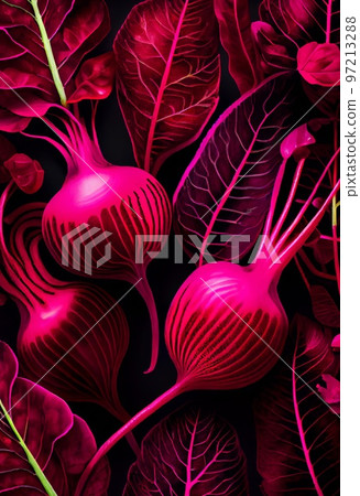 Floral magenta beet abstract background. Decorative vegetable fruit and leaves, fuchsia pink texture. Vertical floral magenta beetroot abstract pattern. Floral magenta beet abstract background. Decorative vegetable fruit and leaves, fuchsia pink texture. Vertical floral magenta beetroot abstract pattern. 97213288