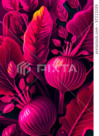 Floral magenta beet abstract background. Decorative vegetable fruit and leaves, fuchsia pink texture. Vertical floral magenta beetroot abstract pattern. Floral magenta beet abstract background. Decorative vegetable fruit and leaves, fuchsia pink texture. Vertical floral magenta beetroot abstract pattern. 97213289