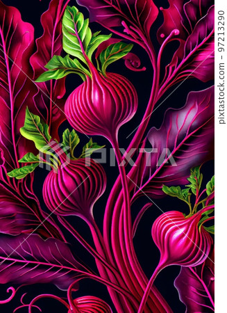 Floral magenta beet abstract background. Decorative vegetable fruit and leaves, fuchsia pink texture. Vertical floral magenta beetroot abstract pattern. Floral magenta beet abstract background. Decorative vegetable fruit and leaves, fuchsia pink texture. Vertical floral magenta beetroot abstract pattern. 97213290