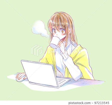 A woman operating a computer while drinking a drink Winter 97213545