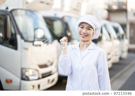 Young female food delivery driver (guts pose) 97213546