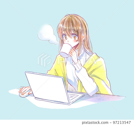 A woman operating a computer while drinking a drink Winter 97213547