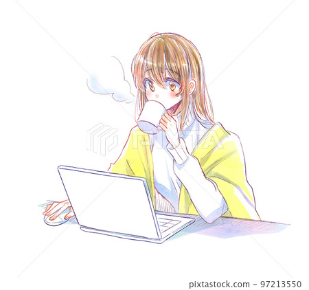 A woman operating a computer while drinking a drink Winter A woman operating a computer while drinking a drink Winter 97213550