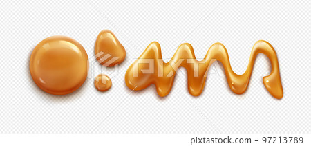 Caramel sauce drips, melted toffee, syrup spill 97213789