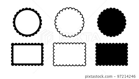 Circle and square scalloped frames set. Scalloped edge rectangle and ellipse shapes. Simple label and sticker form. Flower silhouette lace frame. Vector illustration isolated on white background 97214246