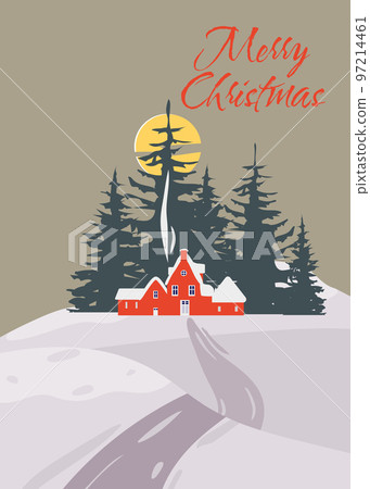 Vintage poster Merry Christmas. Winter village rural winter snow landscape, sunset, retro Vintage poster Merry Christmas. Winter village rural winter snow landscape, sunset, retro 97214461