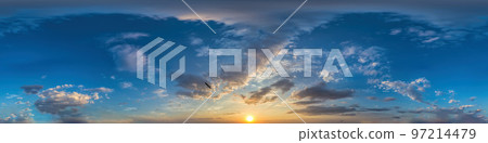 360 panorama of dark blue sunset sky with clouds Seamless hdr spherical equirectangular format with complete zenith for use in 3D, game and for composites in aerial drone 360 degree as sky dome 97214479