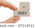 Computer button 2023 in hand 97214531