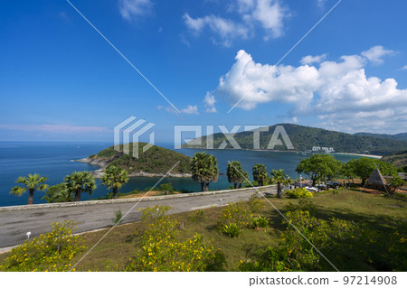 Promthep Cape is one of the most photographed locations in Phuket. Phromthep cape viewpoint at blue sea sky in Phuket, Thailand. Promthep Cape is one of the most photographed locations in Phuket. Phromthep cape viewpoint at blue sea sky in Phuket, Thailand. 97214908