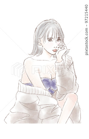 Illustration of a bob woman sitting and holding her elbows 97215440