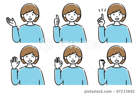 A set of simple illustrations of a young woman in various poses 97215692