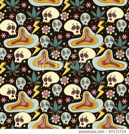 Vector seamless pattern in 70s style. Hand drawn psychedelic hippies background. Vector seamless pattern in 70s style. Hand drawn psychedelic hippies background. 97215719