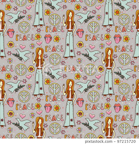 Vector seamless pattern in 70s style. Hand drawn psychedelic hippies background. Vector seamless pattern in 70s style. Hand drawn psychedelic hippies background. 97215720