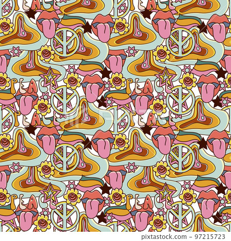 Vector seamless pattern in 70s style. Hand drawn psychedelic hippies background. 97215723