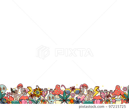 Colorful stylized decorative border.Vector 70s retro background. Psychedelic, hippies style. 97215725