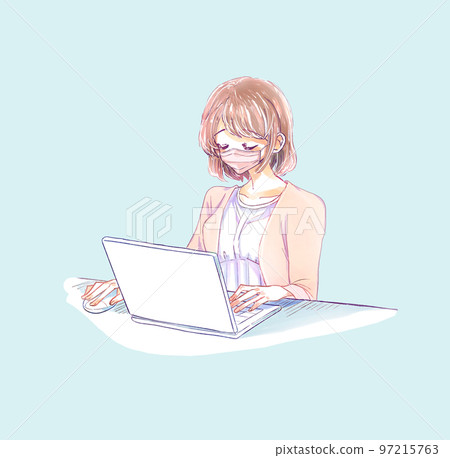 操作筆記本電腦面具的女人 操作筆記本電腦面具的女人 97215763