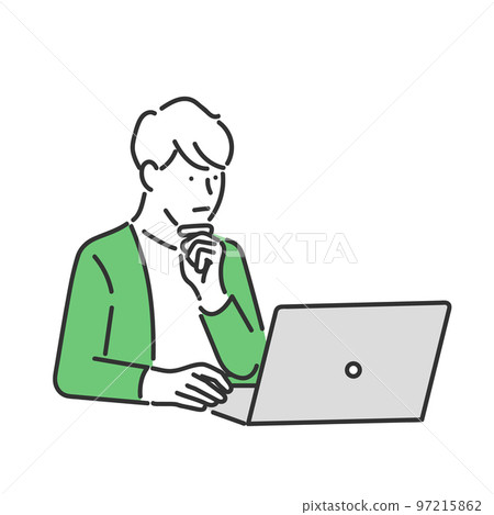 Illustration material of a male business person who opens a laptop and thinks Illustration material of a male business person who opens a laptop and thinks 97215862