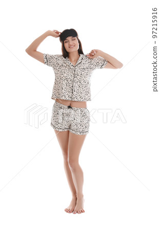 Beautiful woman wearing sleeping mask on white background. Bedtime Beautiful woman wearing sleeping mask on white background. Bedtime 97215916