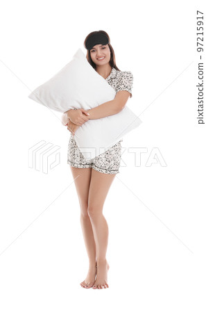 Beautiful woman with pillow on white background. Bedtime Beautiful woman with pillow on white background. Bedtime 97215917