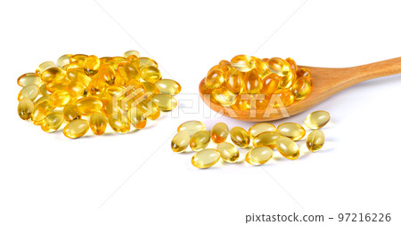 fish oil omega 3 gel capsules isolated on white background. fish oil omega 3 gel capsules isolated on white background. 97216226