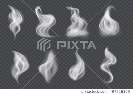 Smoke vector collection, isolated on transparent background. Set of realistic white smoke steam, waves from coffee,tea,cigarettes, hot food. Fog and mist effect. 97216509