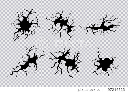 Cracks in ground. Cracks, splits and holes in ground. Vector realistic set of fissure in ground, crevices from disaster or drought, black fractures Cracks in ground. Cracks, splits and holes in ground. Vector realistic set of fissure in ground, crevices from disaster or drought, black fractures 97216513