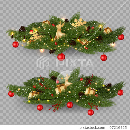 Christmas decoration set of Christmas fir garlands with poinsettia, red berries, cones and jingle bells. Christmas decoration set of Christmas fir garlands with poinsettia, red berries, cones and jingle bells. 97216525