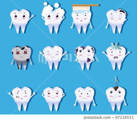 Cute tooth characters set in cartoon style. Teeth with different emotions set for label design. Vector illustration EPS10 97216531