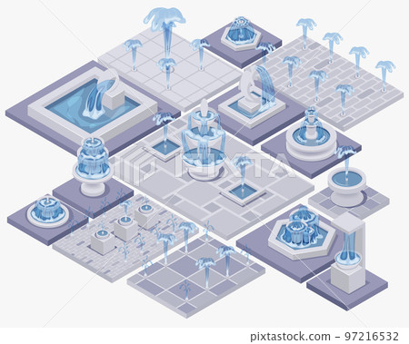 Isometric fountain set with outdoor park cascades isolated vector illustration EPS10. Vintage and modern architecture decor with splashing drops. 97216532