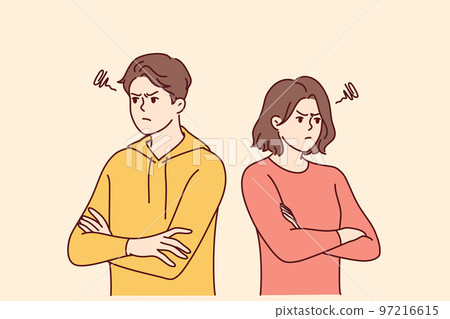 Young family man and woman stand in offended pose after quarrel or disagreement. Vector image 97216615