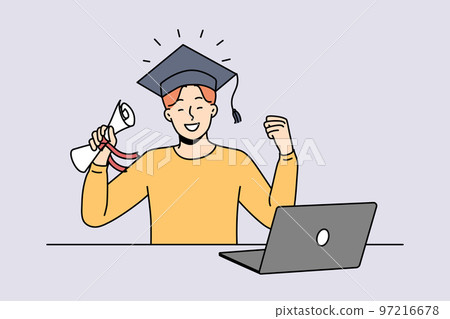 Smiling man with diploma celebrate online graduation Smiling man with diploma celebrate online graduation 97216678