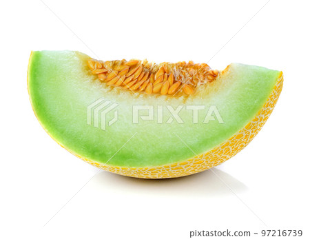 cantaloupe melon slices on white background. 97216739