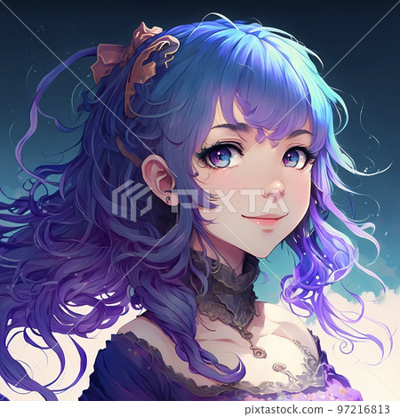 紫色和藍色漸變頭髮的動漫女孩優雅地微笑“AI 生成圖像” 紫色和藍色漸變頭髮的動漫女孩優雅地微笑“AI 生成圖像” 97216813