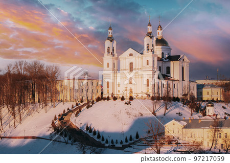 Vitebsk, Belarus. Morning View Of Famous Landmark Is Assumption Cathedral Church In Upper Town On Uspensky Mount Hill In Sunrise Illumination. Soft Colors 97217059