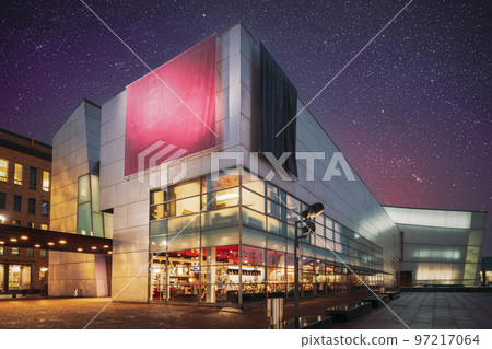 Helsinki, Finland. Very Peri Starry Sky Evening Night View Of Kiasma Contemporary Art Museum. Museum Exhibits Contemporary Art Collection Of Finnish National Gallery. Bright Dramatic Light Purple Sky 97217064