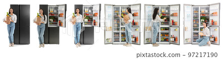 Collage of woman near open refrigerators on white background Collage of woman near open refrigerators on white background 97217190