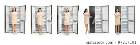 Collage of woman near open empty refrigerators on white background Collage of woman near open empty refrigerators on white background 97217191
