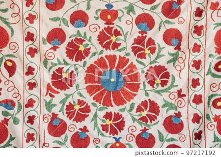 Part Of Carpet Texture, Abstract Ornament. Floral Traditional Embroidery On Light Carpet. Handmade Floral Satin Stitch Embroidery. Closeup Picture Floral Embroidery Of Carpet. Handmade Embroidery Part Of Carpet Texture, Abstract Ornament. Floral Traditional Embroidery On Light Carpet. Handmade Floral Satin Stitch Embroidery. Closeup Picture Floral Embroidery Of Carpet. Handmade Embroidery 97217192