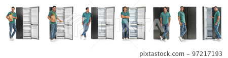 Collage of man with bag of groceries near open empty refrigerators on white background Collage of man with bag of groceries near open empty refrigerators on white background 97217193