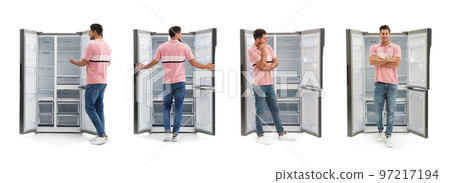Collage of man with bag of groceries near open empty refrigerators on white Collage of man with bag of groceries near open empty refrigerators on white 97217194